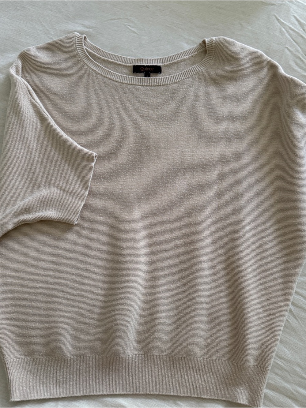 Quince Short-Sleeve Lightweight Knit Sweater in Light Beige